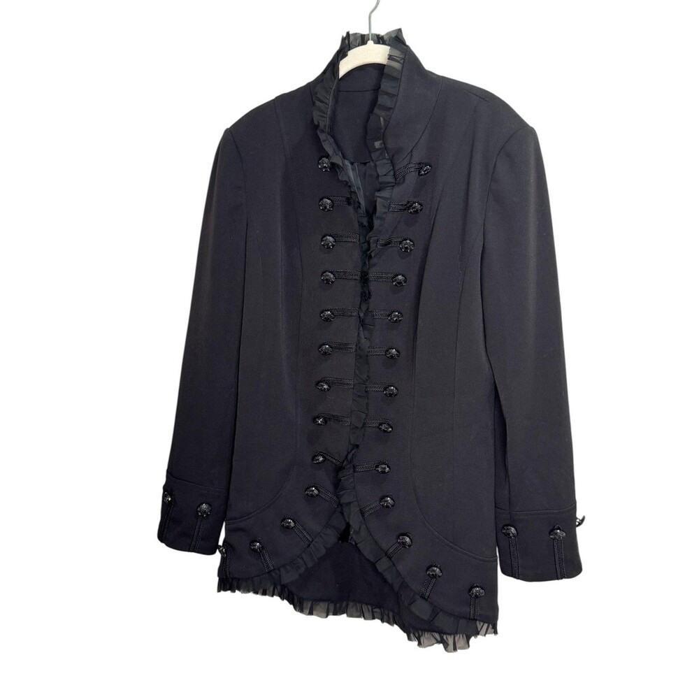 Lena Gabrielle Blazer Womens 10 Black Military Goth Ruffle Trim Button Jacket